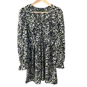 Monki Long Sleeve V Neck Floral Dress Black Purple Green Medium